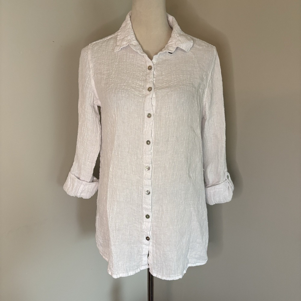 Tahari 100% Linen White Button Up Crinkle Tunic Shirt Top Medium European Flax M